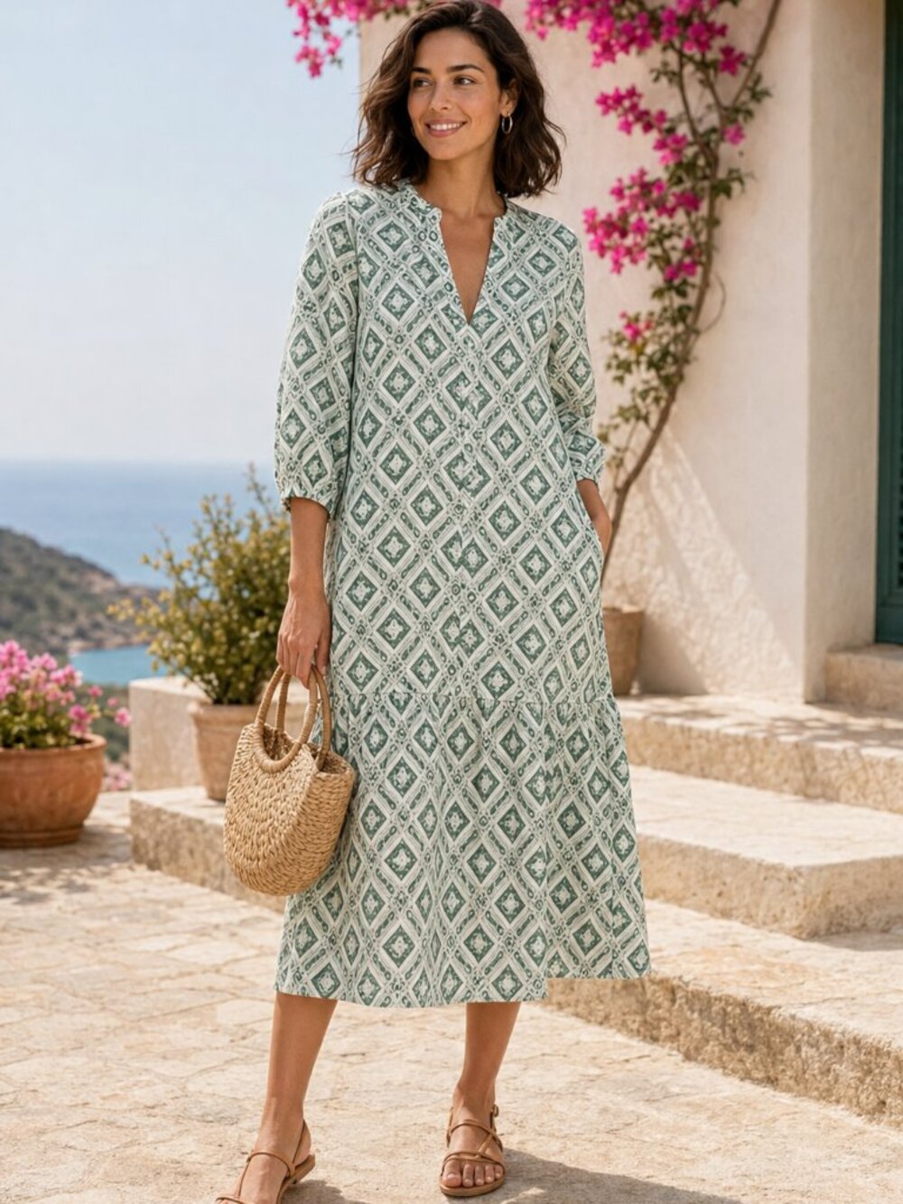 Zara Green Geometric Tiered Midi Dress Sz. S